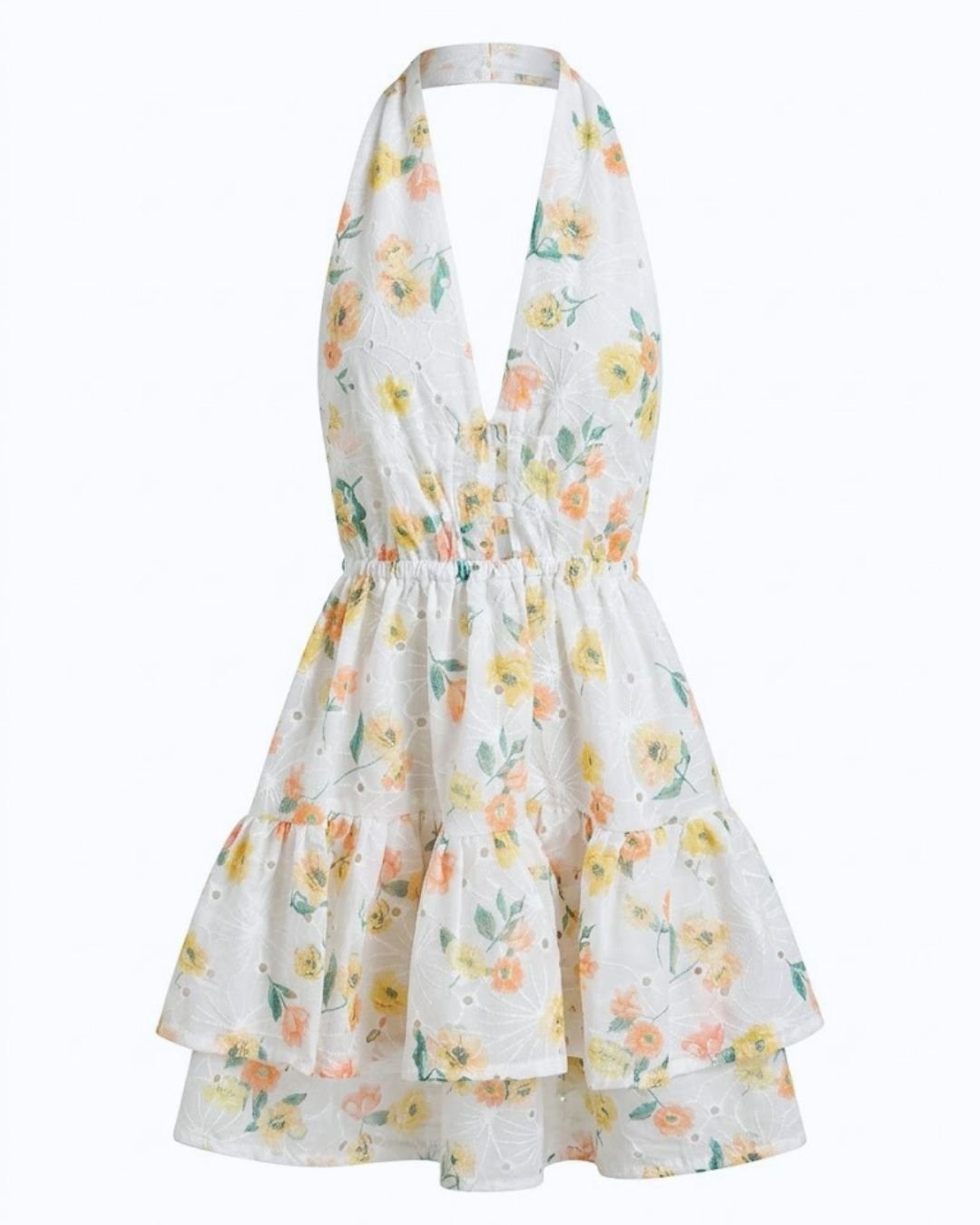 Vestido corto artesanal blanco bordado con estampado floral y tirantes, ideal para ocasiones especiales.