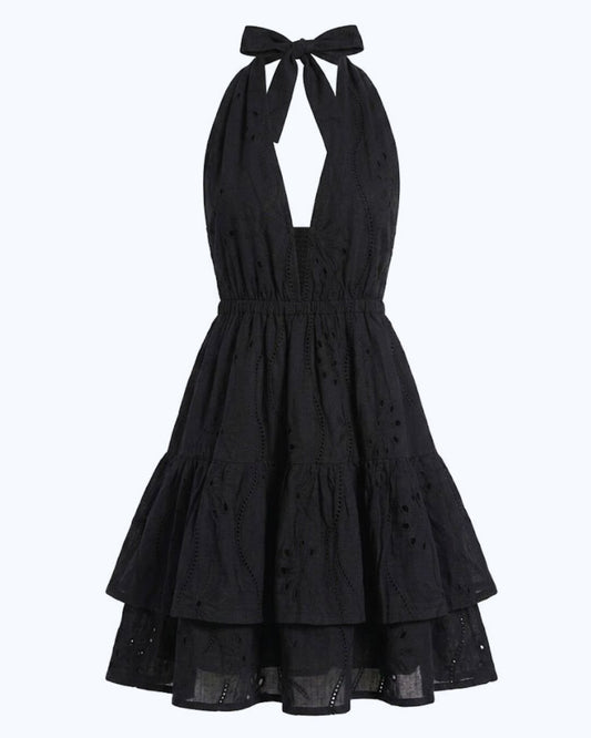 Vestido Corto Boho Bora - Algodón Negro con Bordados