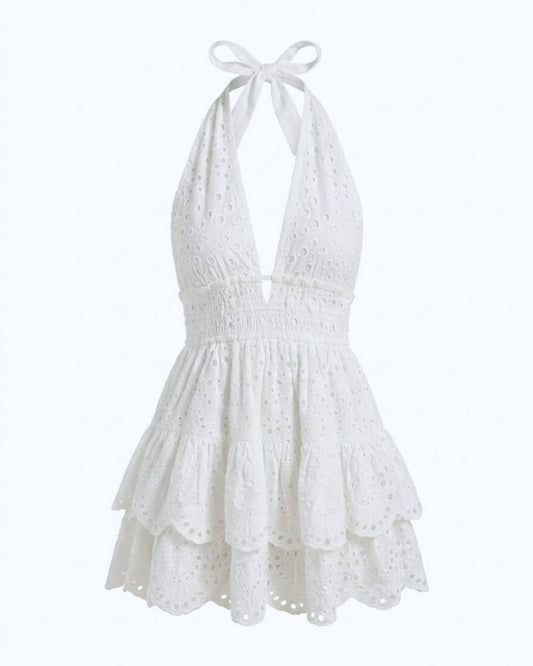 Vestido Corto Ibicenco Saona - Algodón Calado Blanco