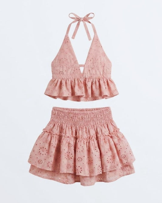 Conjunto de Algodón Portinax - Top Halter y Falda Calada Rosa