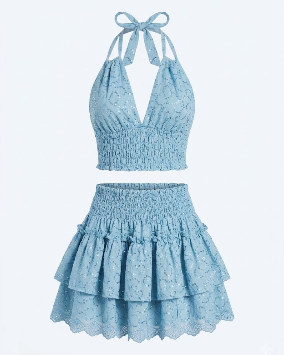 Conjunto algodón Portinax azul lentejuelas: top halter y falda con lentejuelas para el verano.