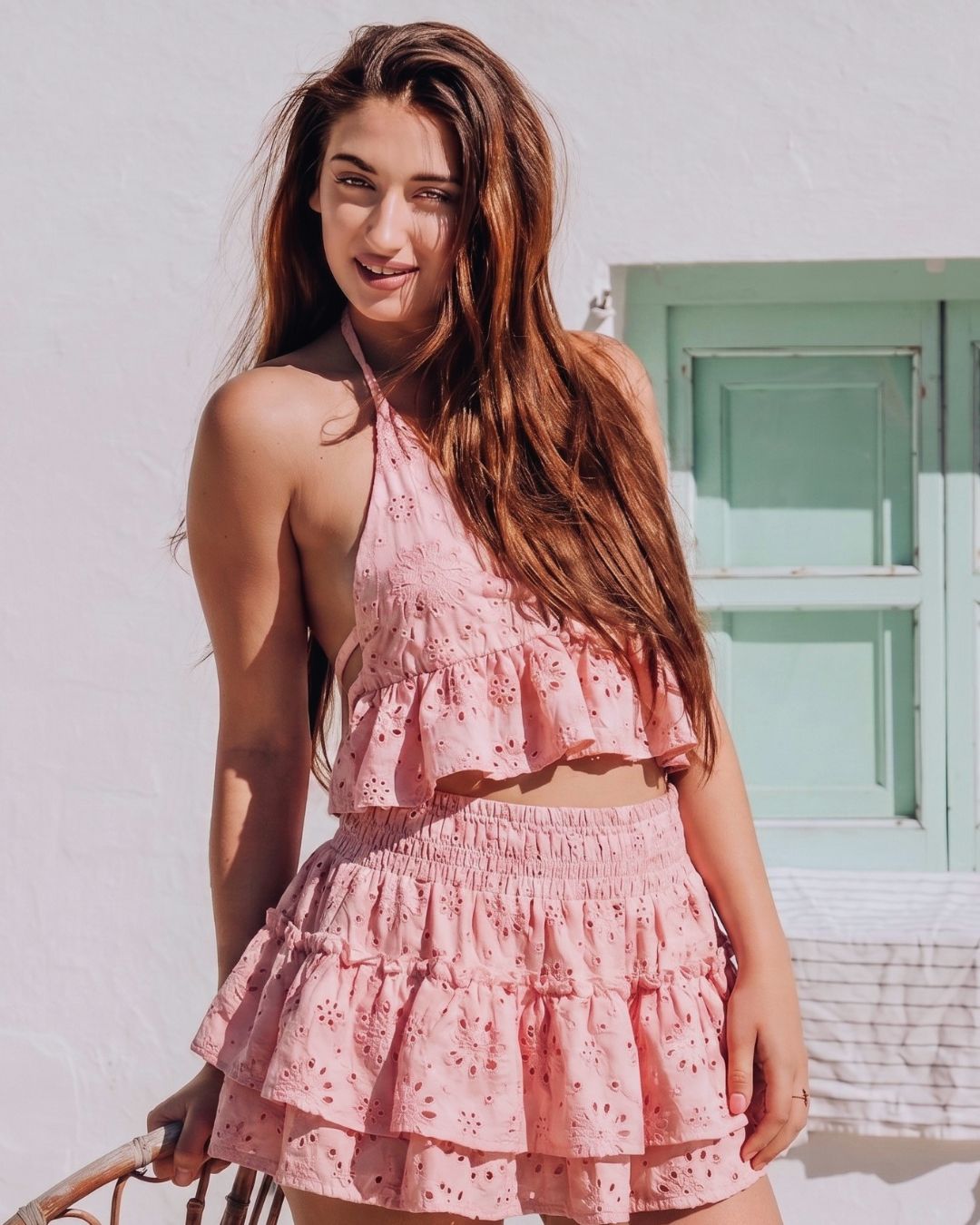 Conjunto de Algodón Portinax - Top Halter y Falda Calada Rosa