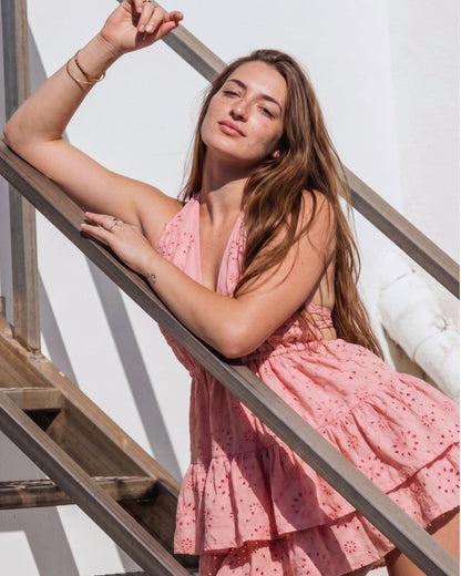 Vestido Corto Gracioneta - Algodón Bordado Perforado Rosa