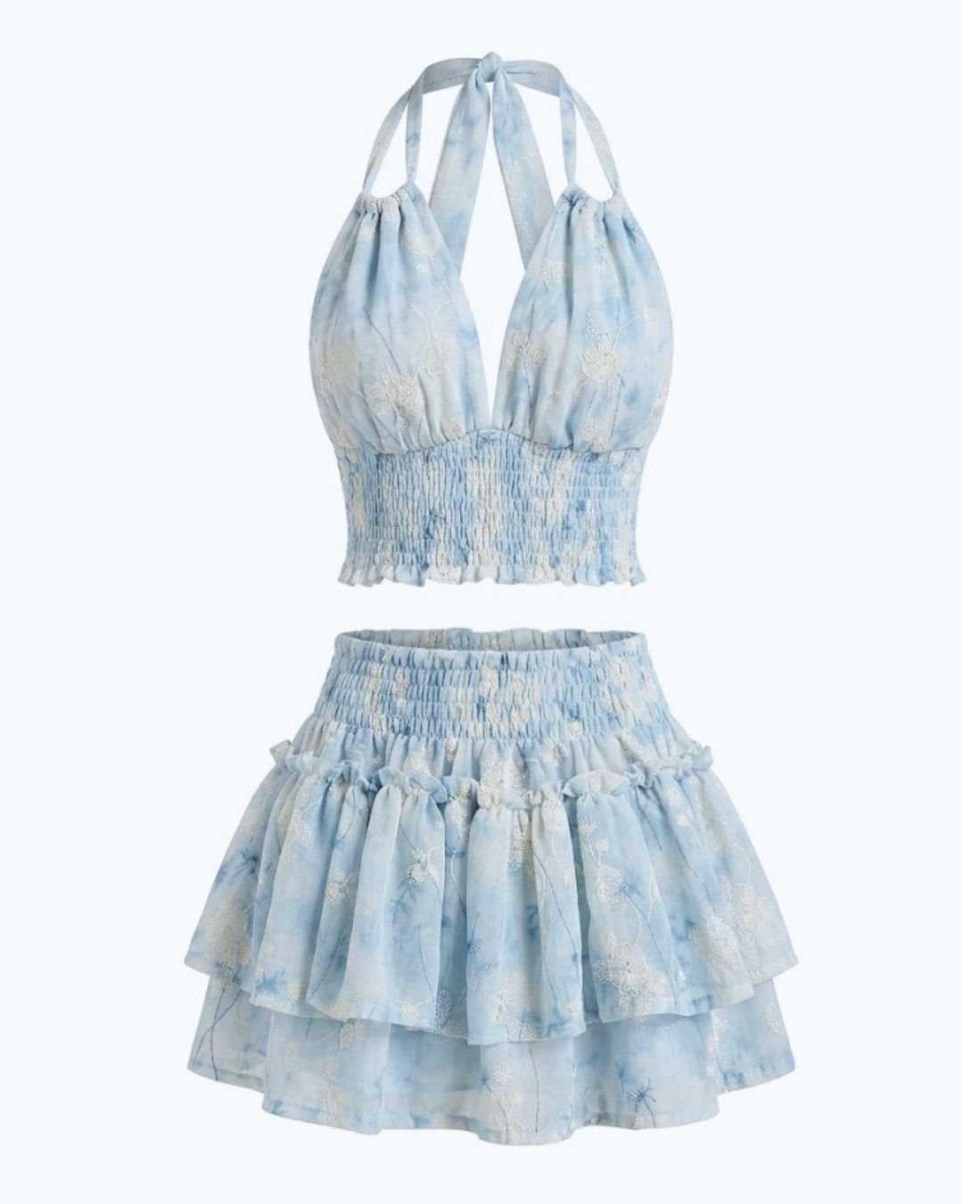 Conjunto Artesanal Silencio - Top Halter y Falda Acuarela Azul