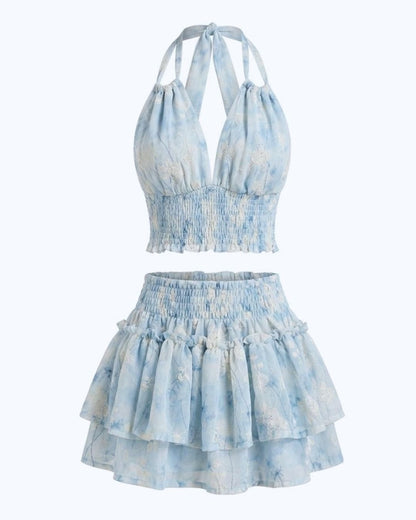 Conjunto Artesanal Silencio - Top Halter y Falda Acuarela Azul
