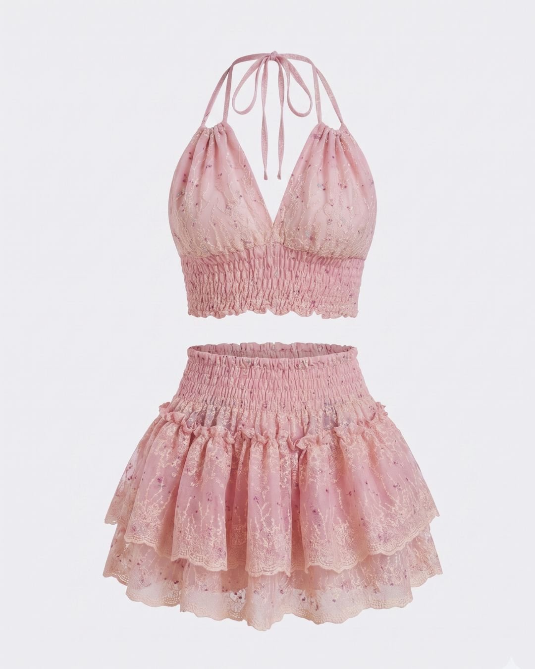 Conjunto Artesanal Amante - Top Halter y Falda Rosa Empolvado