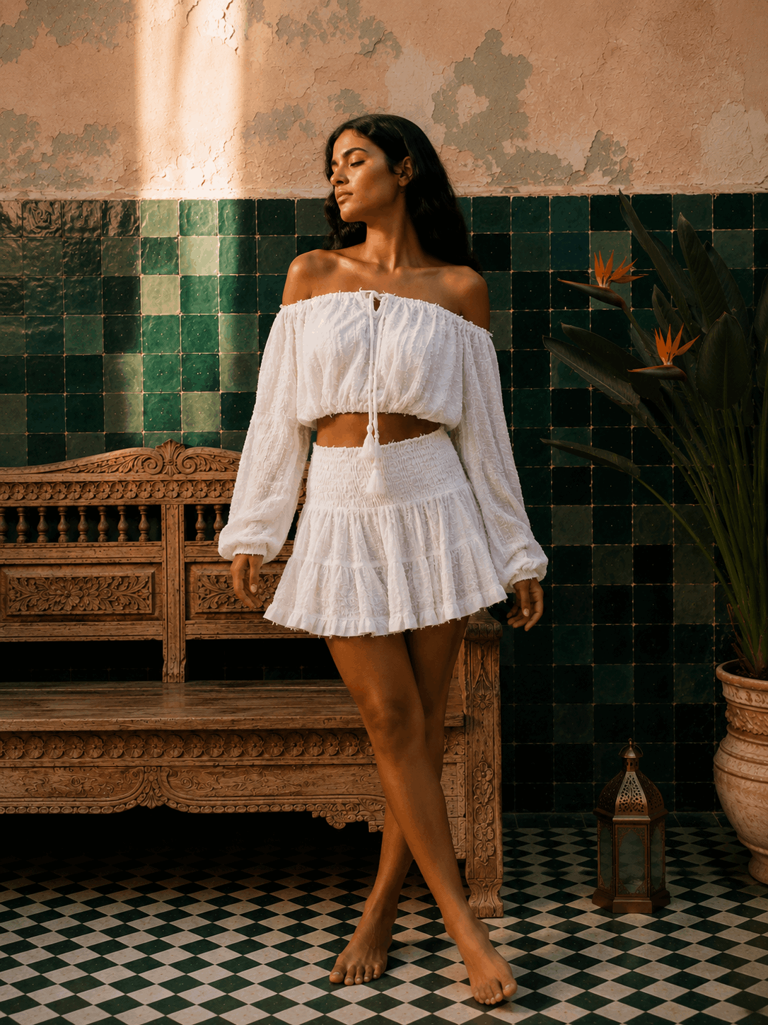 Conjunto de Algodón Tierra Alma - Top Hombros Descubiertos y Falda Blanco