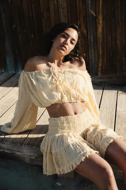 Conjunto de Algodón Tierra Alma - Top Hombros Descubiertos y Falda Amarillo
