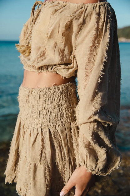 Conjunto de Algodón Tierra Alma - Top Hombros Descubiertos y Falda Arena