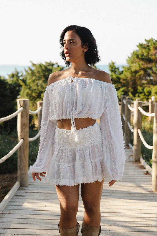 Conjunto de Algodón Tierra Alma - Top Hombros Descubiertos y Falda Blanco