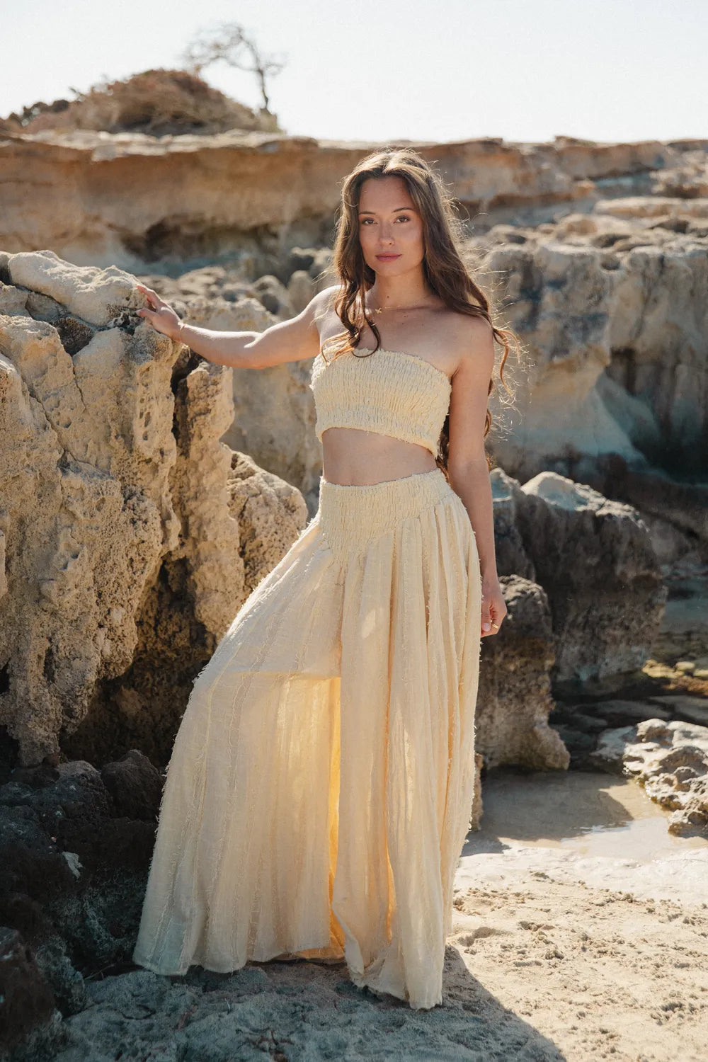 Conjunto de Algodón Luz - Top Palabra de Honor y Pantalón Largo Amarillo