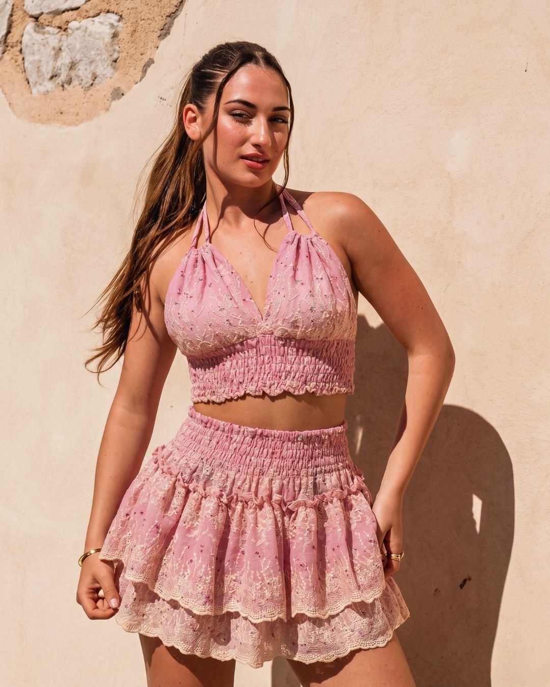 Conjunto Artesanal Amante - Top Halter y Falda Rosa Empolvado