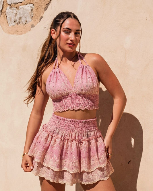 Conjunto Artesanal Amante - Top Halter y Falda Rosa Empolvado