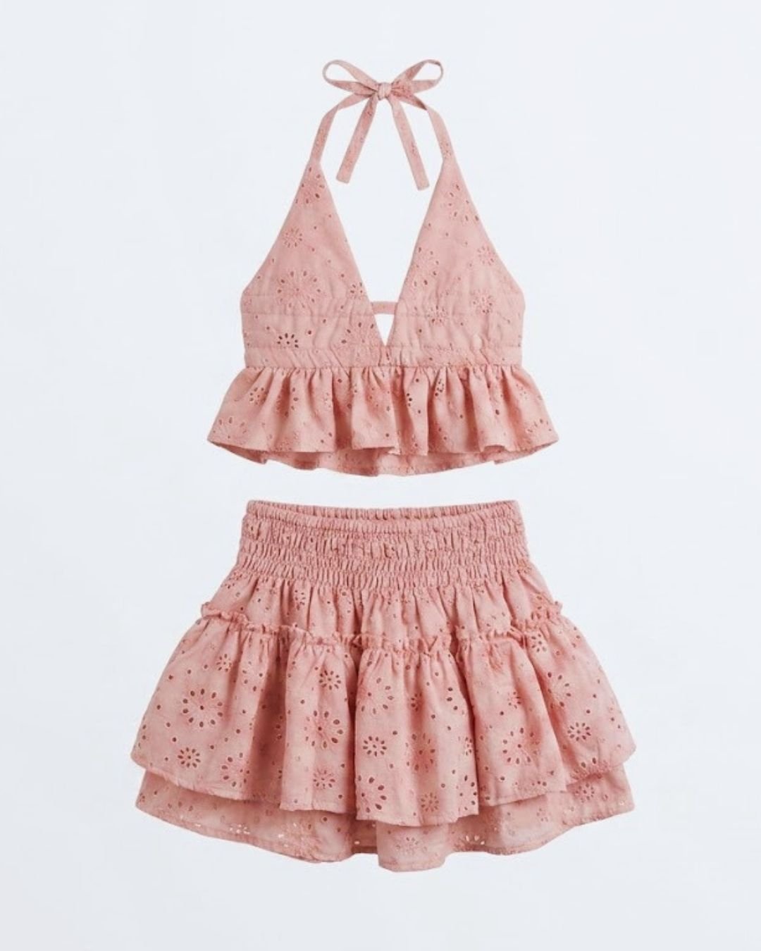 Conjunto de Algodón Portinax - Top Halter y Falda Calada Rosa