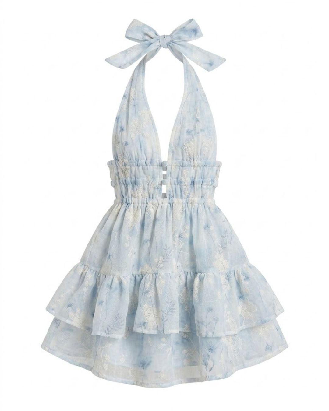 Vestido Corto Artesanal Silencio - Escote Halter y Acuarela Azul