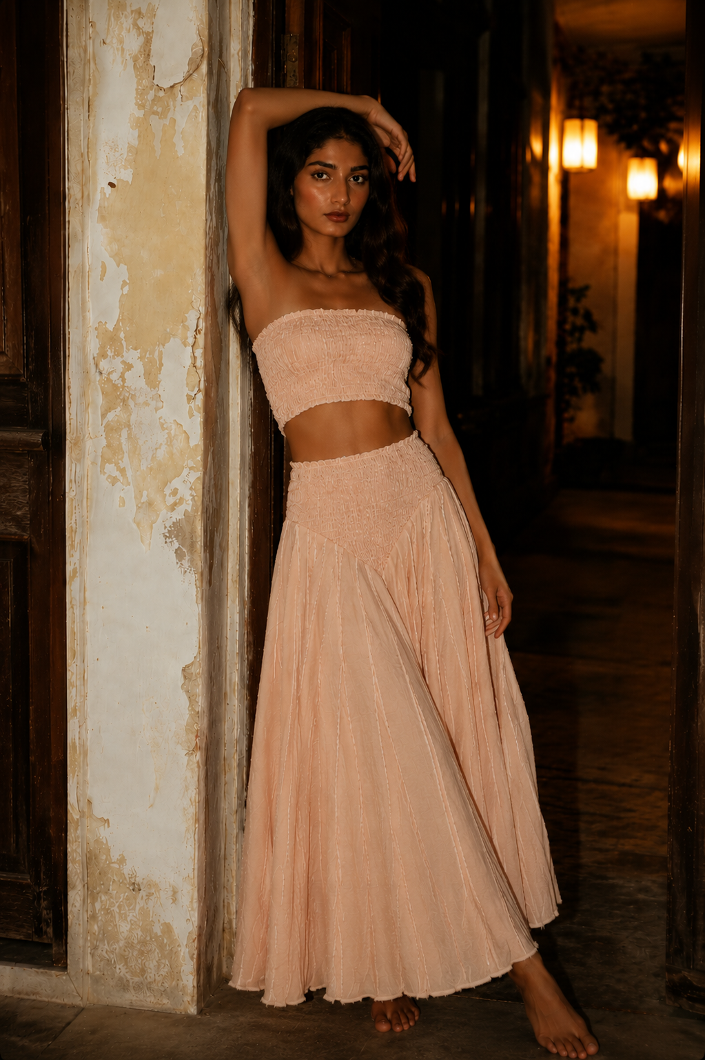 Light Cotton Set - Bandeau Top and Long Pink Pants