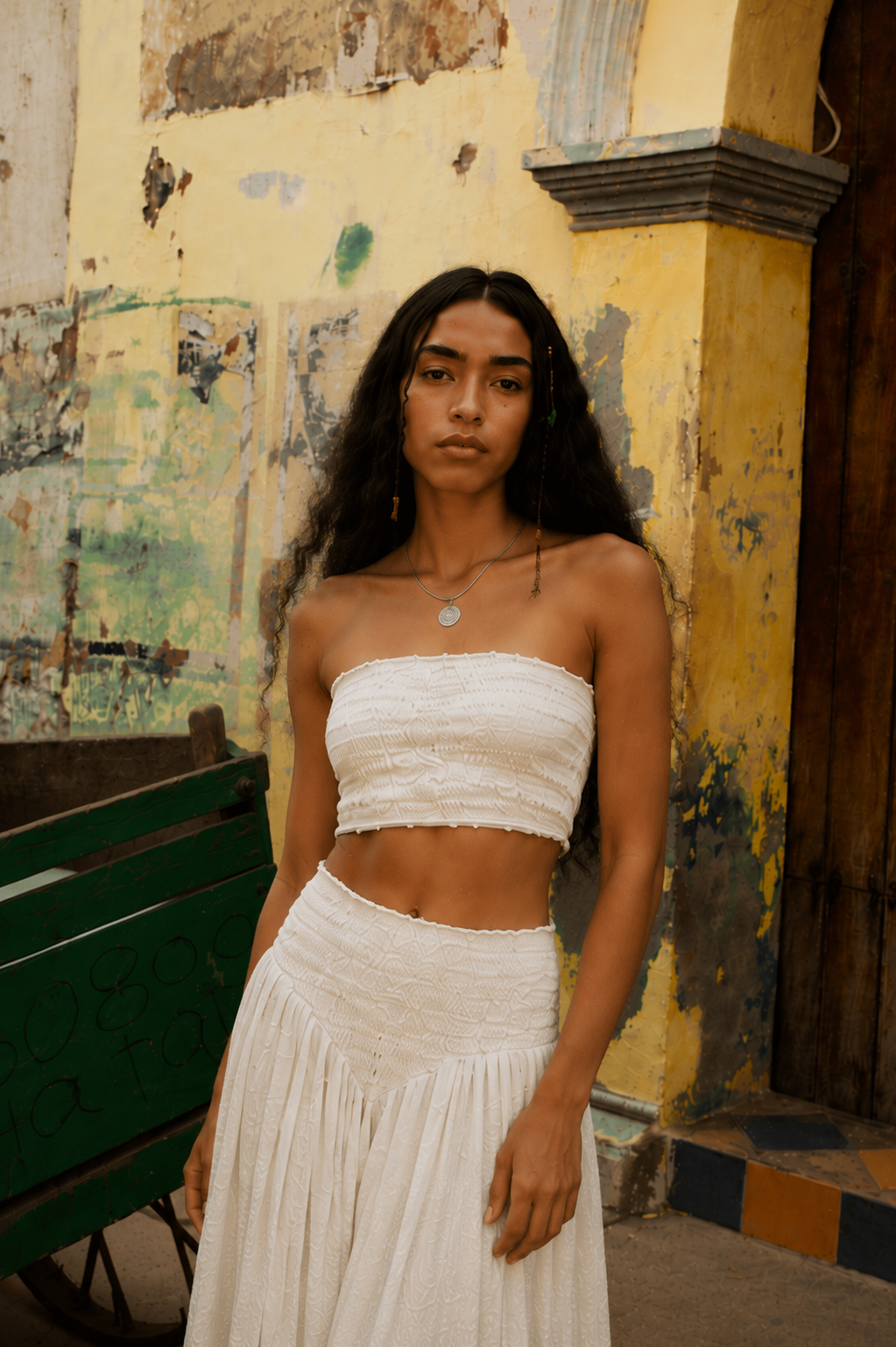 Lightweight Cotton Set - Strapless Top and White Long Pants
