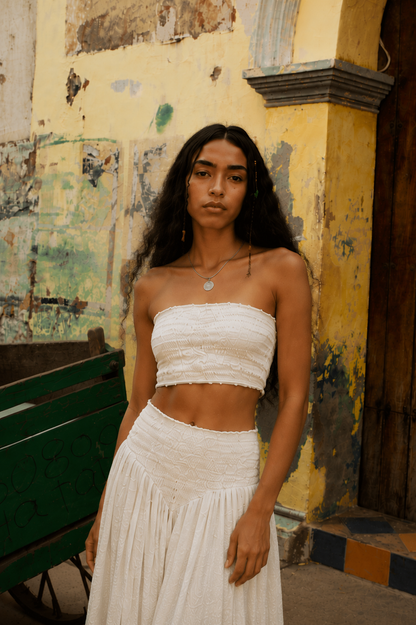 Lightweight Cotton Set - Strapless Top and White Long Pants
