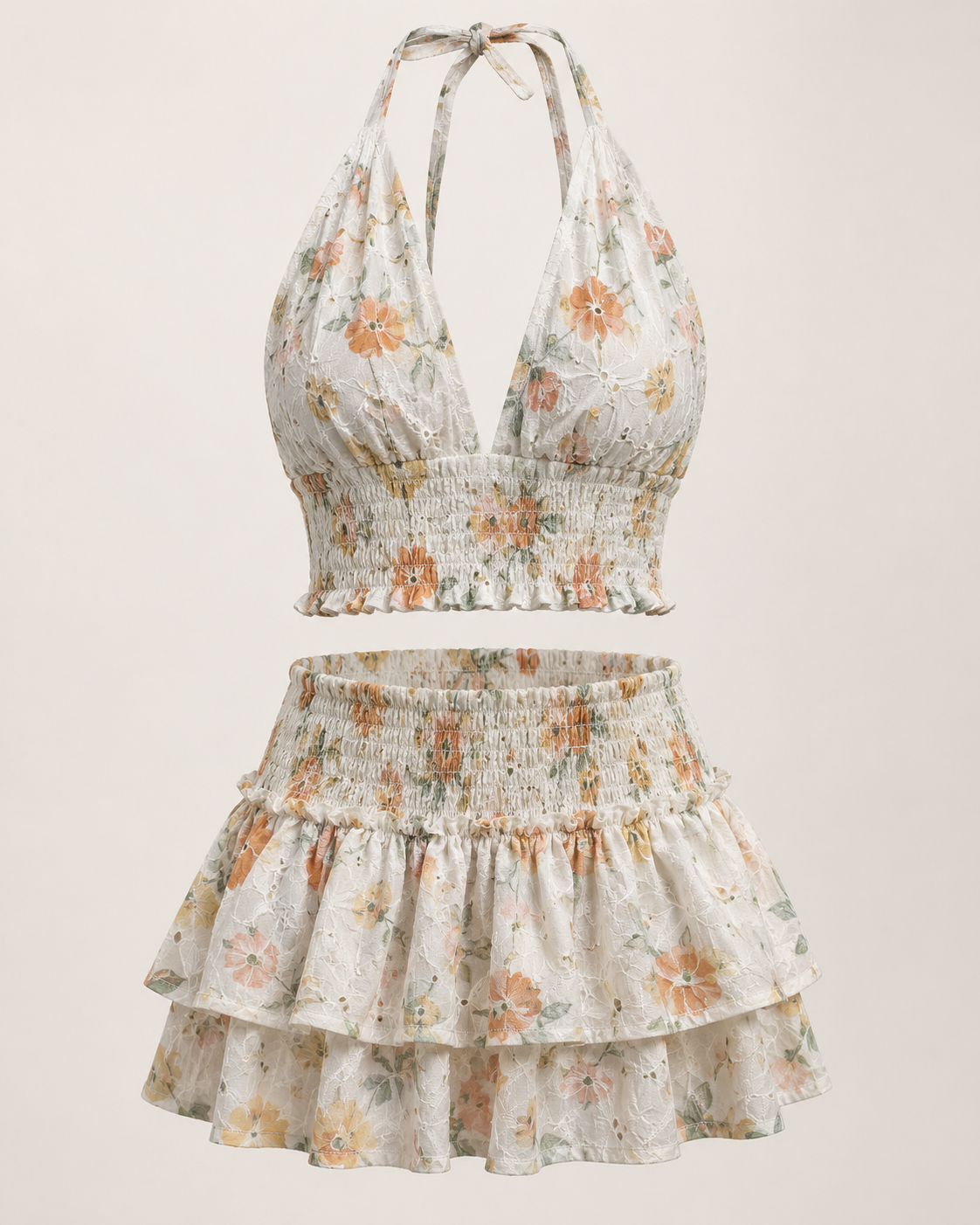 Bassa Artisan Set - Embroidered Floral Halter Top and Skirt