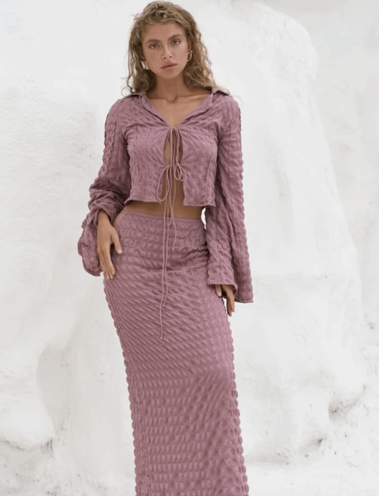 Falda Maxi Larga Sarai - Textura Gofre Rosado Empolvado