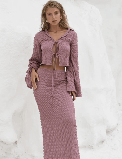 Top Crop Boho Sarai - Mangas de Campana y Textura Gofre Rosa