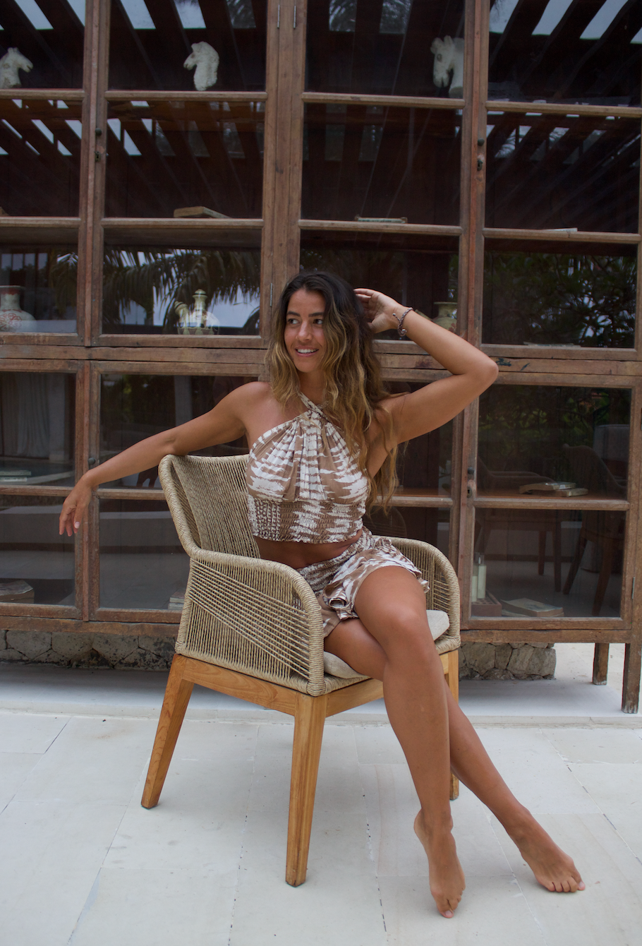 Conjunto de Algodón Nativa - Top Halter Ajustable y Falda Marrón