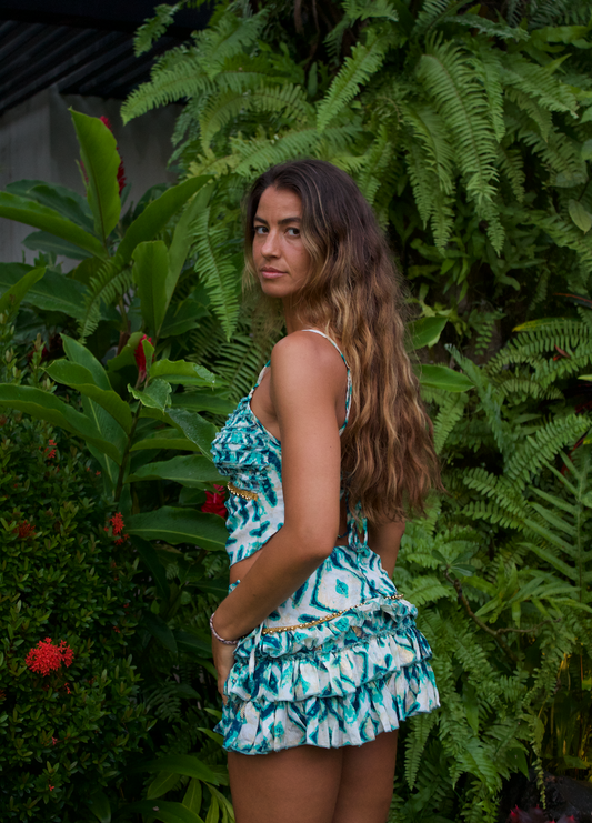 Conjunto de Seda Brisa - Top Halter y Falda Verde