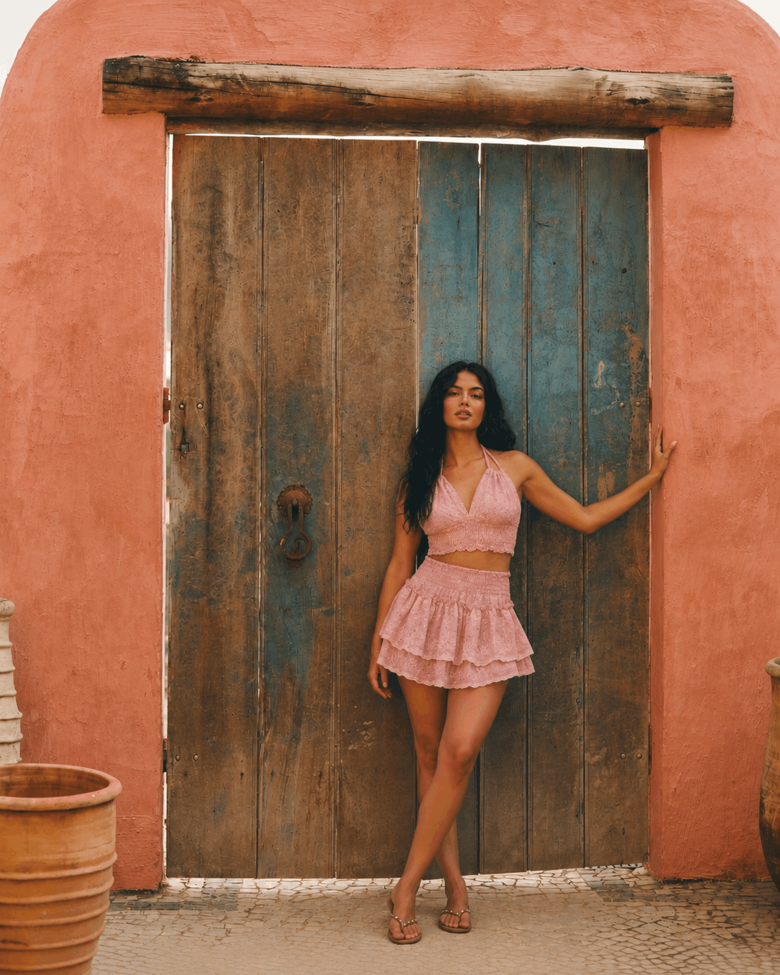Conjunto Artesanal Amante - Top Halter y Falda Rosa Empolvado