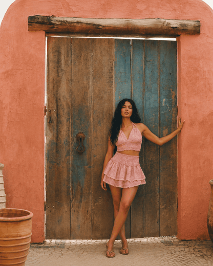 Conjunto Artesanal Amante - Top Halter y Falda Rosa Empolvado