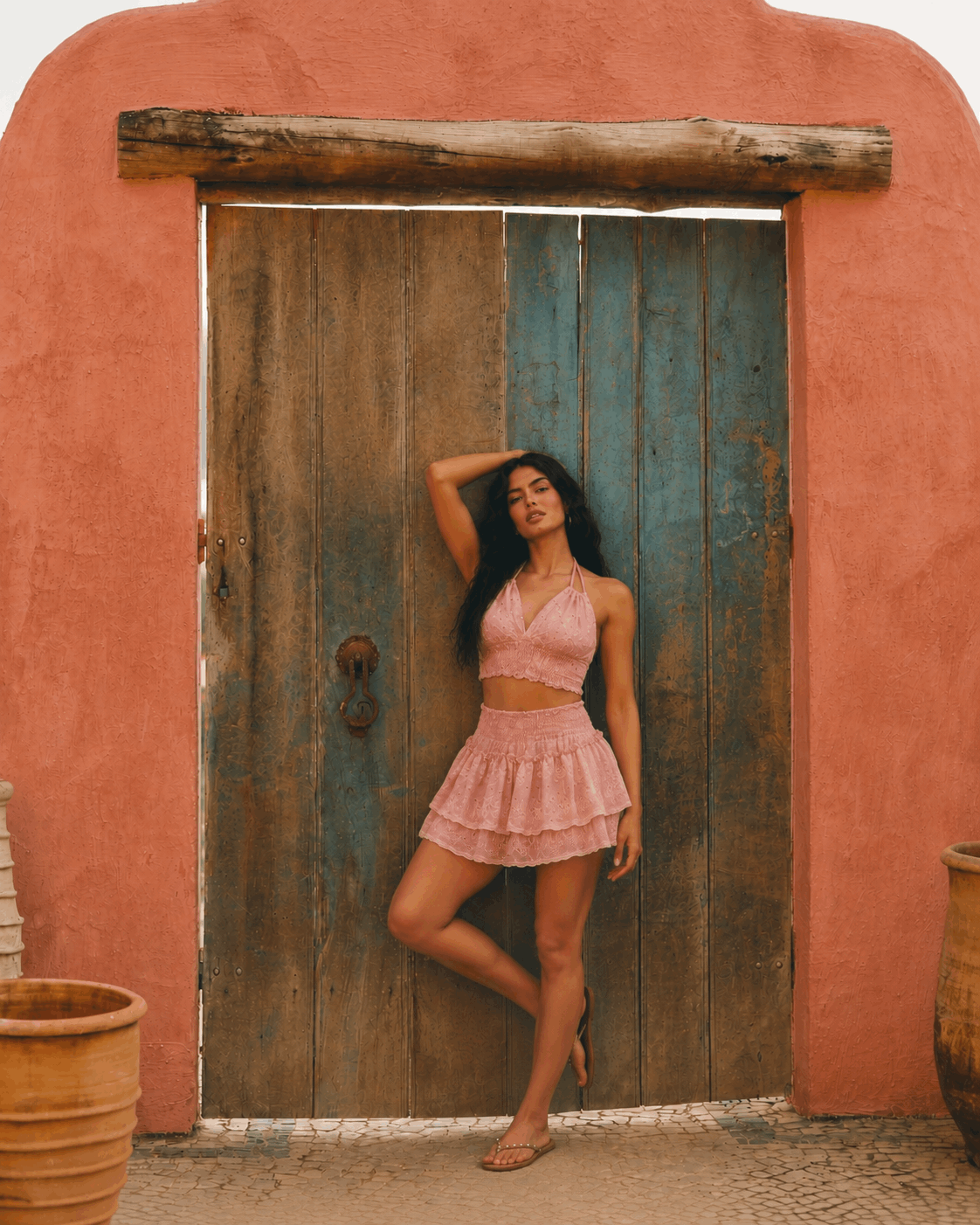 Conjunto Artesanal Amante - Top Halter y Falda Rosa Empolvado