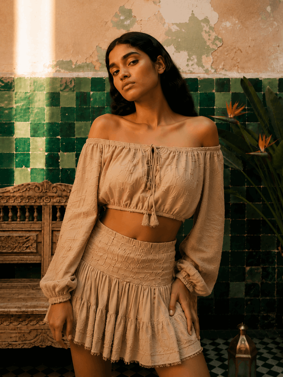 Conjunto de Algodón Tierra Alma - Top Hombros Descubiertos y Falda Arena