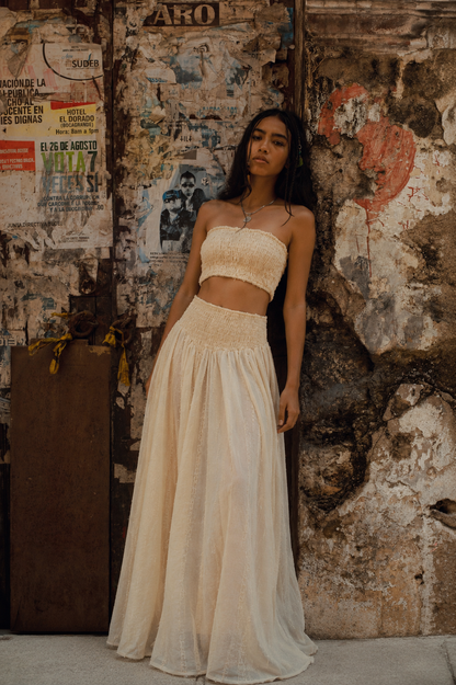 Cotton Light Set - Bandeau Top and Yellow Wide-Leg Trousers