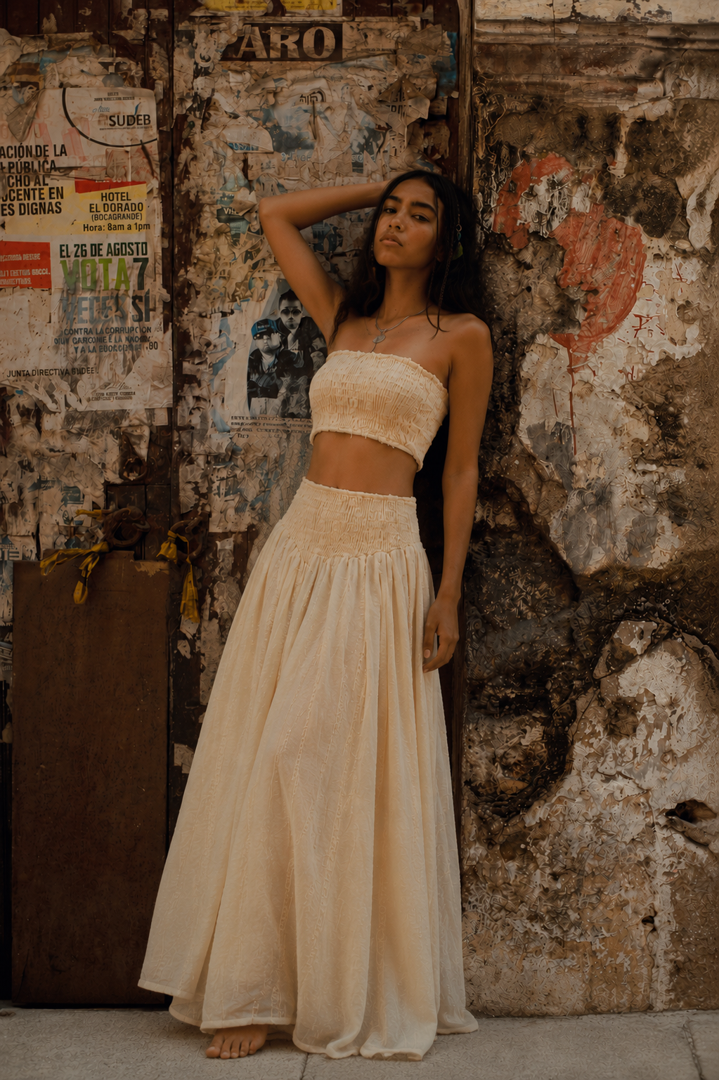 Cotton Light Set - Bandeau Top and Yellow Wide-Leg Trousers