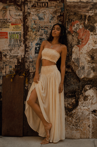 Cotton Light Set - Bandeau Top and Yellow Wide-Leg Trousers