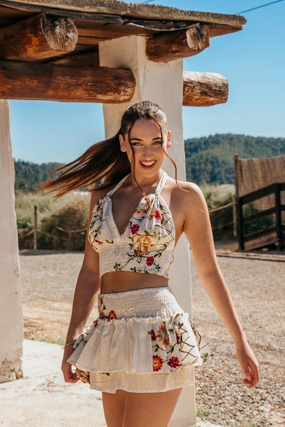 Conjunto de Lino y Algodón Cala Jondal - Top Halter y Falda Floral