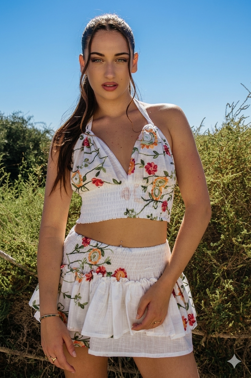 Conjunto de Lino y Algodón Cala Jondal - Top Halter y Falda Floral