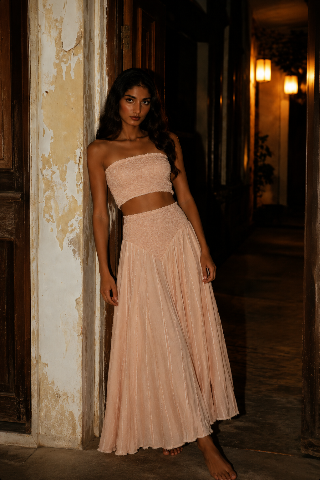 Light Cotton Set - Bandeau Top and Long Pink Pants