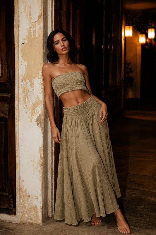 Conjunto de Algodón Luz - Top Palabra de Honor y Pantalón Largo Blanco