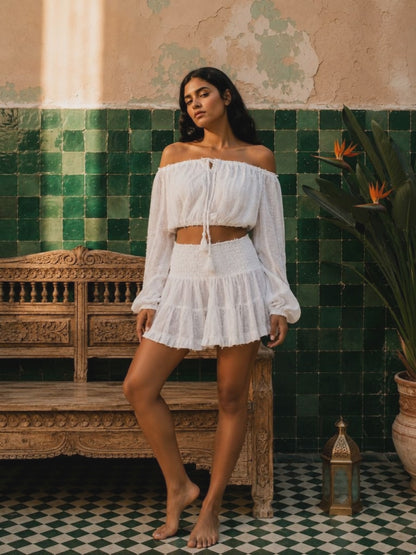Cotton Tierra Alma Set - Off-the-Shoulder Top and White Skirt